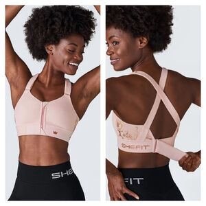 SHEFIT Flex Medium Impact Sports Bra Convertable Blush Zip Cinch Lift Size 2Luxe